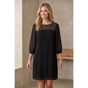 Black Shift Dress Sheer Long Sleeve Gold Stud Embellished Neckline Large